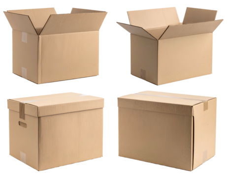 Four open and closed cardboard moving boxes on white