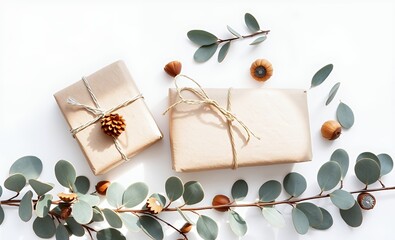 Gifts wrapped in natural paper with silver ribbon & rustic twine surrounded by eucalyptus leaves & gum nuts on white background celebration gifts for birthday christmas mothers day or anniversary chri