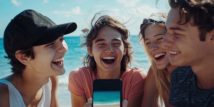 Five friends enjoying a sunny day at the beach, laughing together while taking a selfie with their phone.