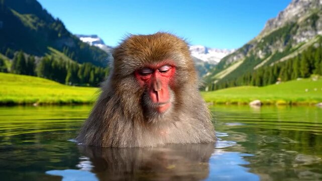A serene snow monkey submerged in a body of water, with mountains and greenery in the background