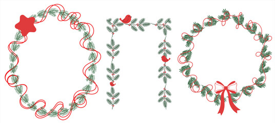 Christmas Pine Wreath Frames Clipart | Holiday Evergreen Borders with Ribbons, Birds and Berries | Festive Decorative Frame Set