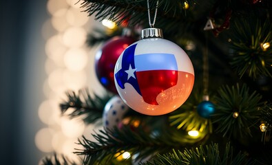 Close-up shot of a christmas tree adorned with red white and blue ornaments resembling the texas flag set against a softly blurred background that enhances the festive atmosphere christmas background 