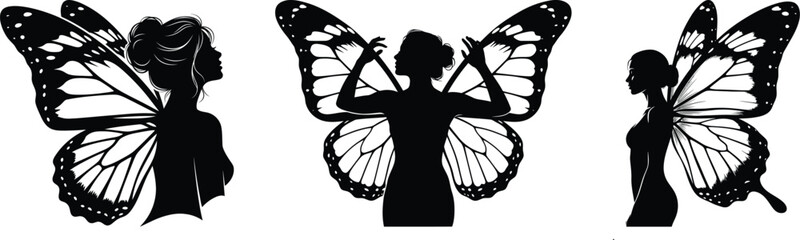 Three elegant female silhouettes with intricate butterfly wings, representing fairies or mythical creatures, isolated on