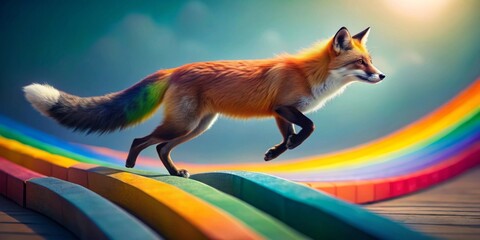 Obraz premium A vibrant fox with a rainbow-hued tail leaps gracefully across a colorful arc, a whimsical journey of imagination and color