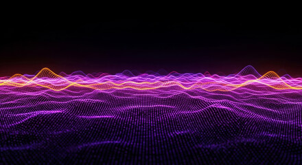 Abstract glowing purple and orange particle wave landscape background