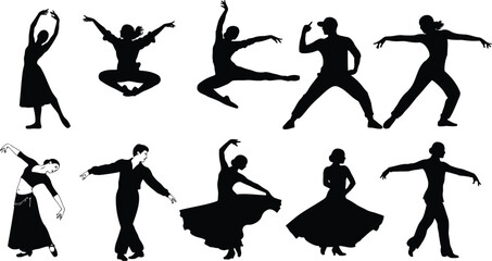 Dynamic silhouettes of diverse dancers in various poses, showcasing different styles of movement and artistic expression, isolated on