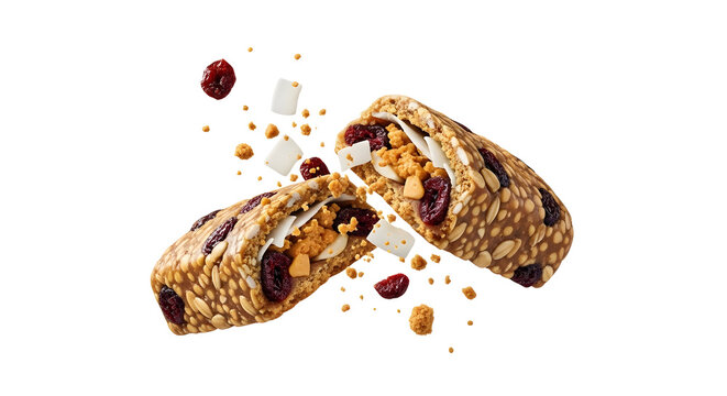 Healthy granola bar with nuts and dried cranberries, broken in half with crumbs, perfect for snack time or breakfast