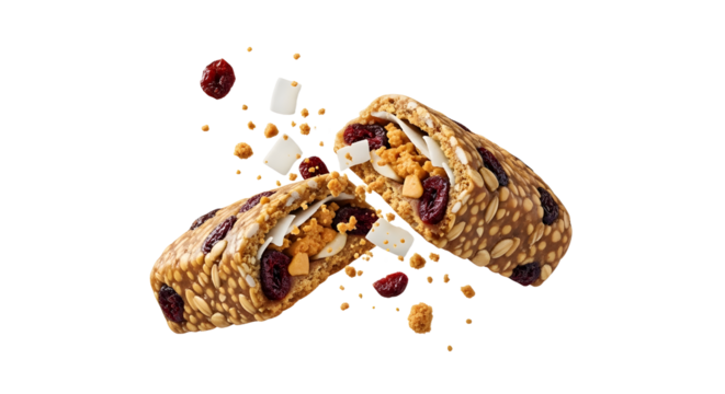 Healthy granola bar with nuts and dried cranberries, broken in half with crumbs, perfect for snack time or breakfast
