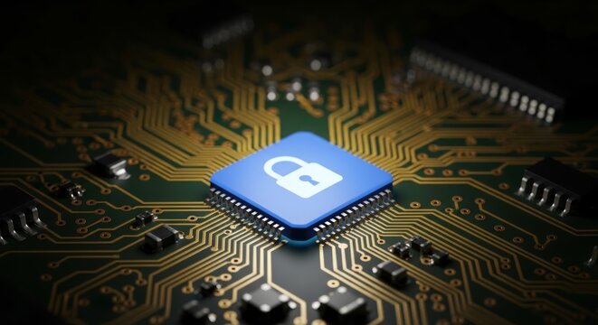 Blue C P U chip with white lock symbol on green circuit board computer chip processor - Powered by Adobe