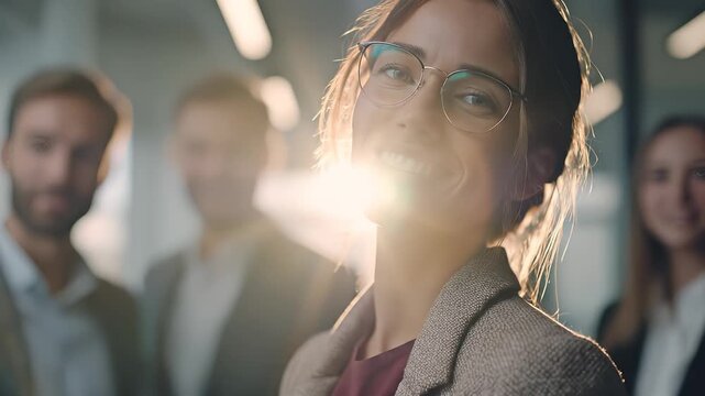 A woman stands confidently among other professionals, her attention directed toward the ongoing conversation. The bright lighting emphasizes her engaging presence in the dynamic se