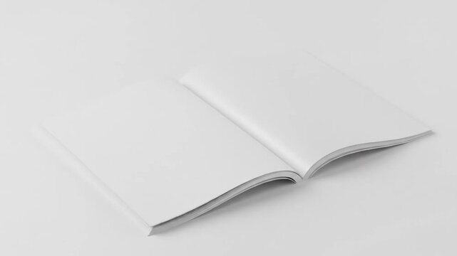 Open blank book, magazine, or journal with clean white pages on a minimalist background. <desc>