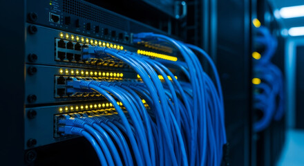 Blue network cables connected to illuminated server rack ports blue cables ethernet cables