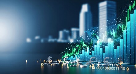 Digital Currency Symbols Forex Market Trading Bar Chart City Background Copy Space for Text