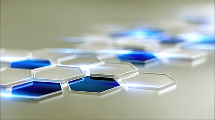 Close-up shot of abstract hexagons with blue accents and bright lighting on a reflective surface.