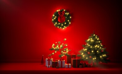 Glowing christmas tree with presents and wreath on red wall christmas background christmas holiday background winter decoration celebration