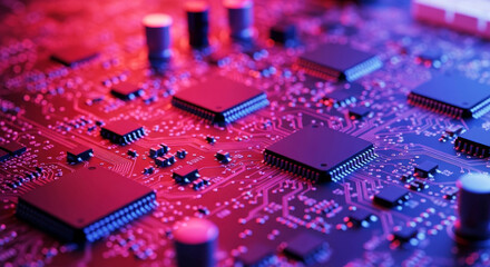 Close up of a red and blue illuminated computer circuit board with chips technology electronics
