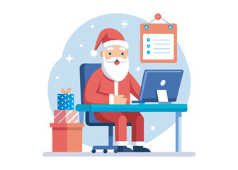 Santa Claus sitting at the desk and making the order on a computer screen at his office on the Christmas holiday, online shopping or winter sale concept, vector flat illustration logo 