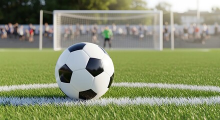 Close up of a black and white soccer ball resting on the white line of a vibrant green grass field with a goal and blurred spectators in the background during daylight