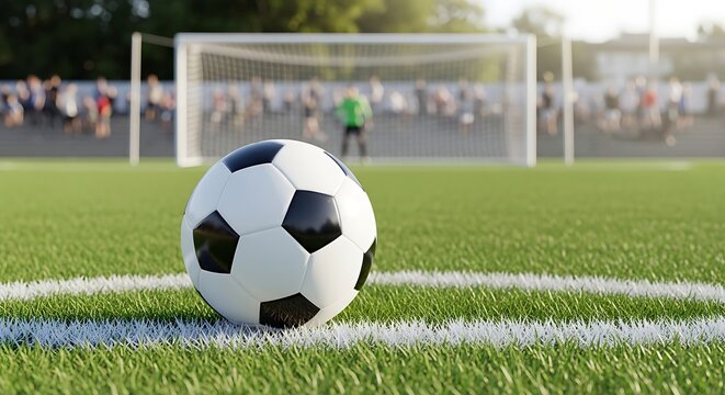 Close up of a black and white soccer ball resting on the white line of a vibrant green grass field with a goal and blurred spectators in the background during daylight - Powered by Adobe