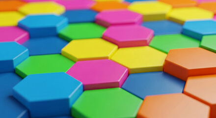 Colorful hexagonal shapes arranged in a honeycomb pattern with shallow depth of field geometric