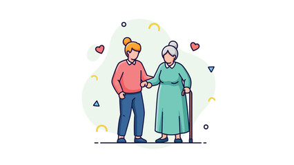 Young Person Assisting Elderly Woman with Cane, Caregiving Vector Illustration