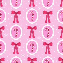 Seamless pattern with lollipop canes and bows. Vector graphics.