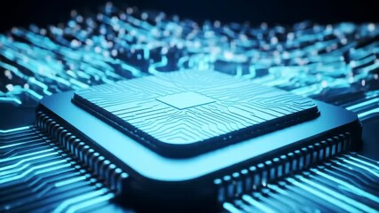 Close-up of a futuristic microchip surrounded by glowing circuitry patterns - Powered by Adobe