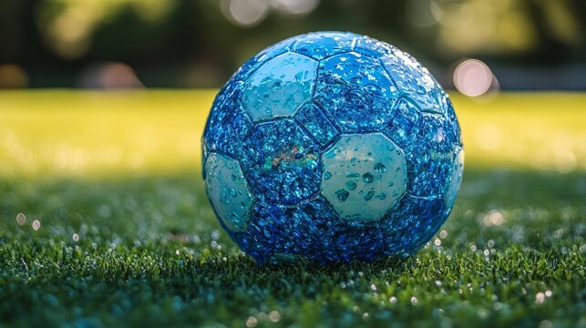 A striking blue soccer ball sits on green grass, glistening in the sunlight and inviting players for a spirited match
