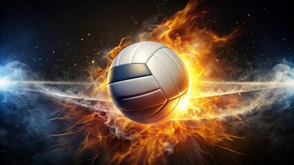 Naklejka premium Fiery Volleyball Burst A Dynamic Image of a Ball Engulfed in Flames and Surrounded by Energetic Particles