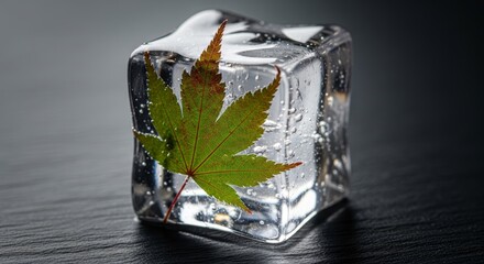 Ice cube with leaf inside on dark surface close up shot for refreshing and natural concepts background