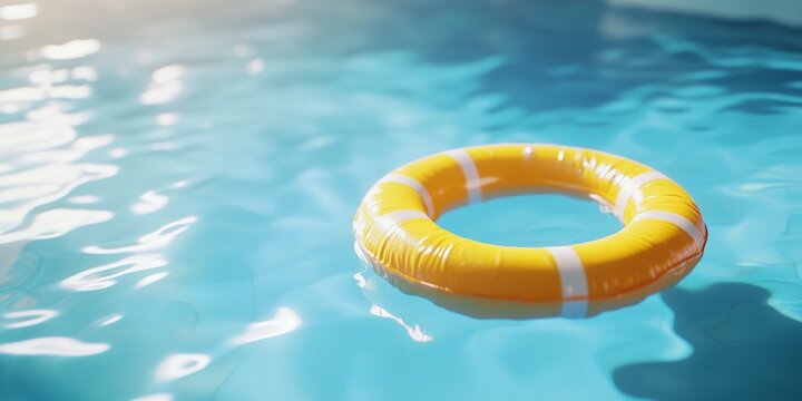 The life ring is floating on the blue pool water. The bright colors make it stand out from the surroundings.