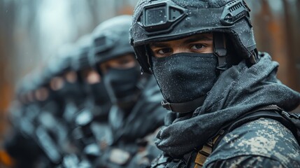 Highly trained soldiers stand poised in a snowy woodland, embodying focus and camaraderie before an intense mission