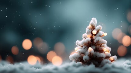 Small christmas tree in snow with glowing lights and bokeh