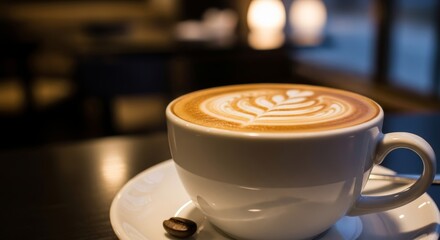 Close up of coffee cup with latte art on a saucer indoors with a blurred background