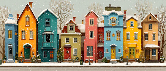 A row of colorful houses covered in snow during a winter snowfall scene art