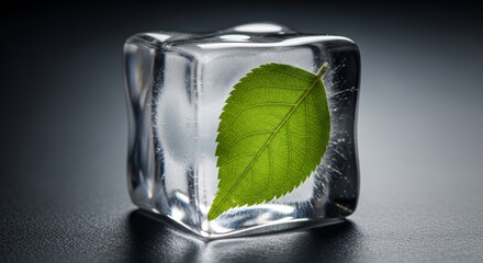 Ice cube with green leaf frozen inside on a black surface environmental concept