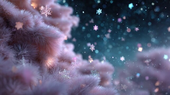 Soft fluffy pink and purple textures with glittering snowflakes and magical bokeh lights