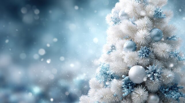 White christmas tree decorated with blue and silver ornaments and falling snow - Powered by Adobe