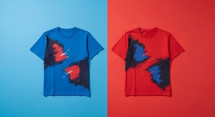 Two graphic tshirts, one blue and one red, displayed against a split background of light blue and bright red, showcasing abstract paint splatter design