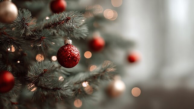 A festive christmas tree branch adorned with a glittery red bauble and glowing lights - Powered by Adobe