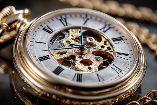 Gold Pocket Watch with Visible Gears and Blue Hands