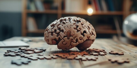 A brain-themed jigsaw puzzle on a table with a blurred background of books and desk. The image represents mental challenges or cognitive development activities.