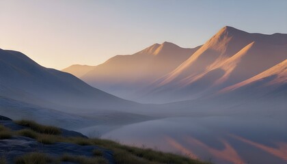 Serene Sunrise Mountain Landscape with Soft Mist