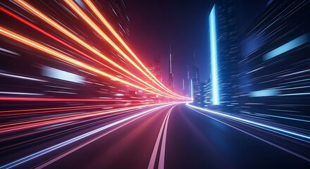 Obraz premium Abstract visualization of highspeed light trails from traffic on a futuristic city road at night with vibrant red and blue neon illumination