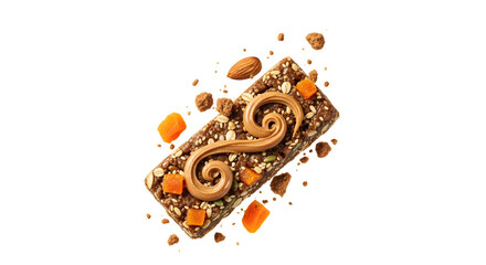 Chocolate dessert bar with caramel cream swirl topped with nuts and diced apricots, perfect for gourmet bakeries and dessert menus