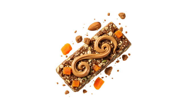 Chocolate dessert bar with caramel cream swirl topped with nuts and diced apricots, perfect for gourmet bakeries and dessert menus