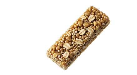 Granola bar with oats and puffed grains isolated on white background, healthy snack for energy and nutrition