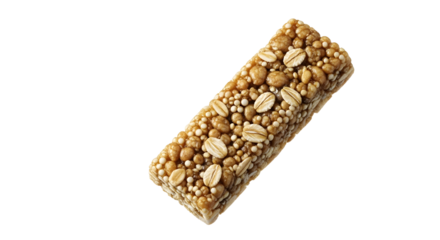 Granola bar with oats and puffed grains isolated on white background, healthy snack for energy and nutrition