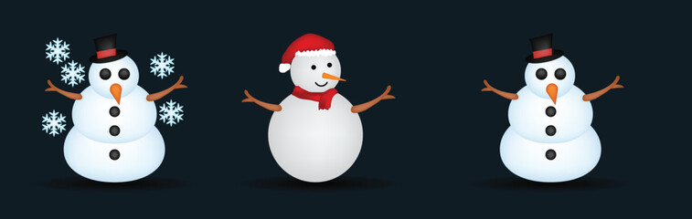Cute snowman icon set. Christmas cartoon snowmen with hats and winter decorations