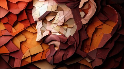 An abstract, stylized portrait of a man's face composed of geometric shapes in warm earthy tones. The artwork features a mosaic-like texture with visible depth